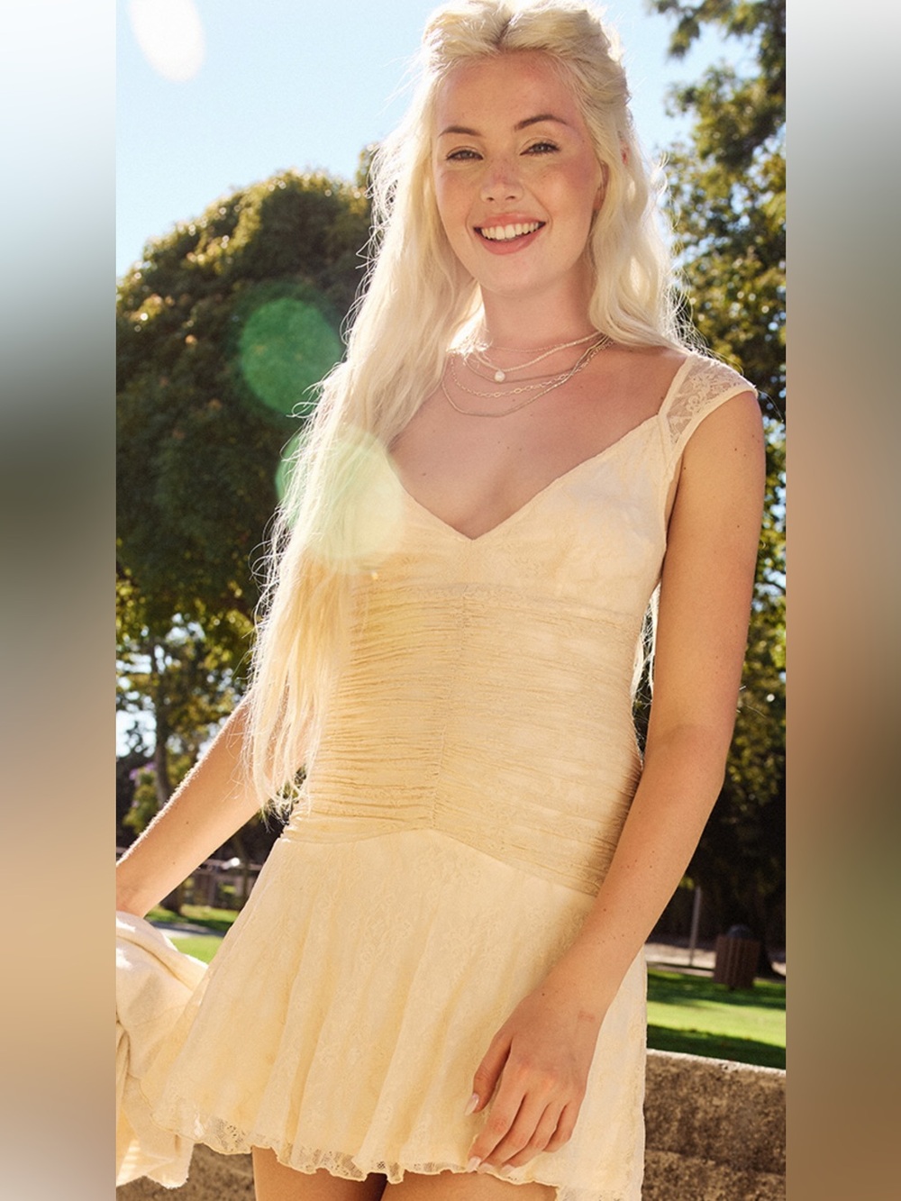 Ivory Lace-Trim V-Neck Dress